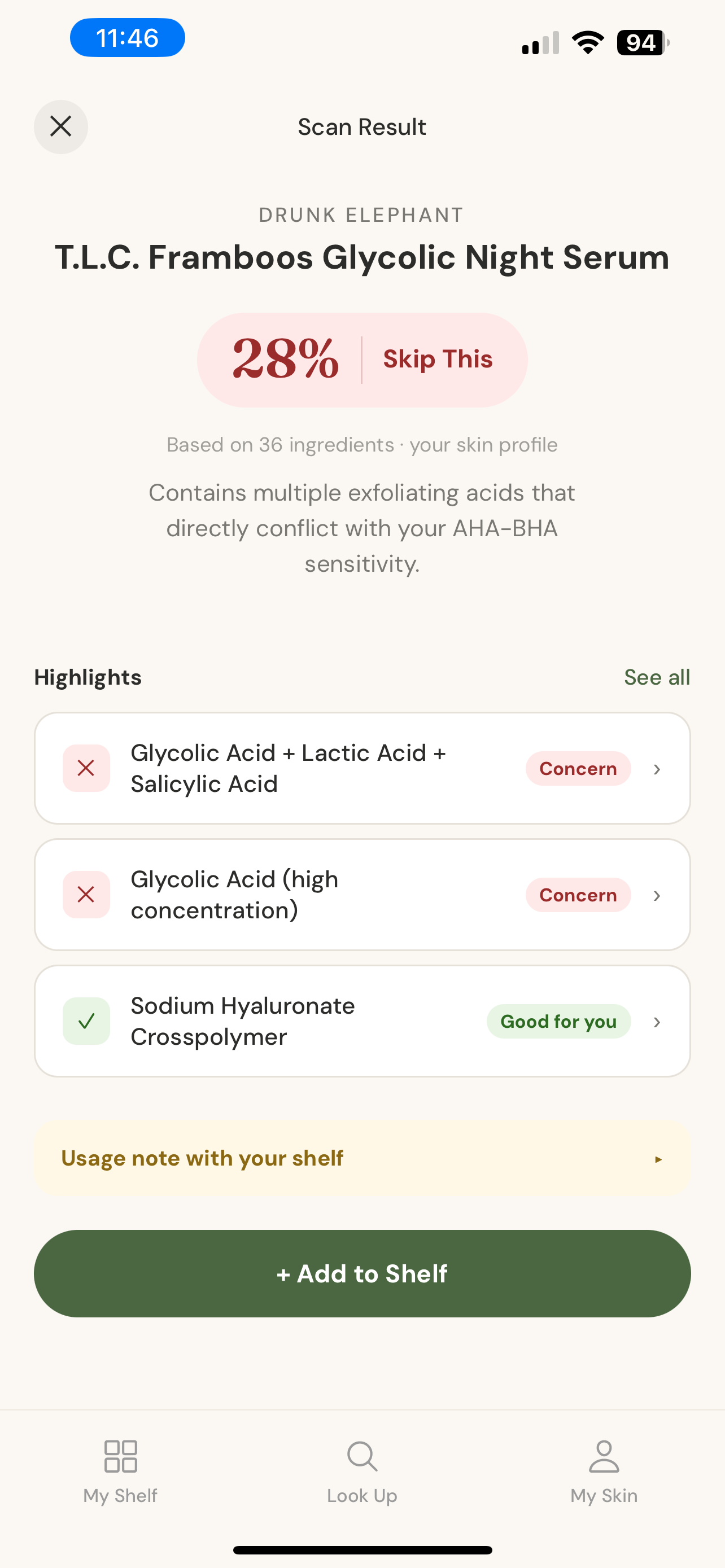 Skora scan result: Drunk Elephant T.L.C. Framboos Glycolic Night Serum scored 28% Skip This for the user's AHA-BHA-sensitive skin.