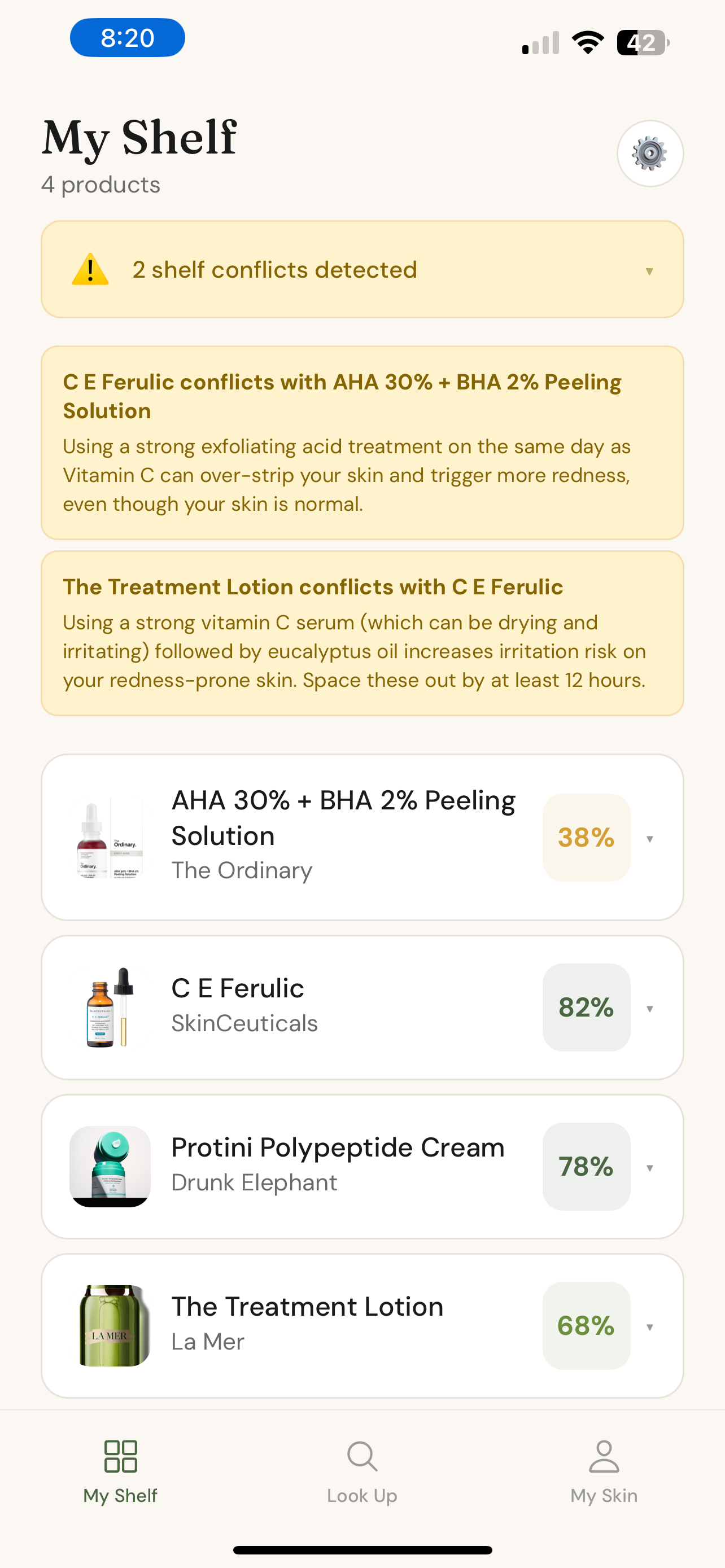 Skora shelf conflict detail: C E Ferulic conflicts with AHA 30% + BHA 2% Peeling Solution, and The Treatment Lotion conflicts with C E Ferulic — both with plain-English reasons.