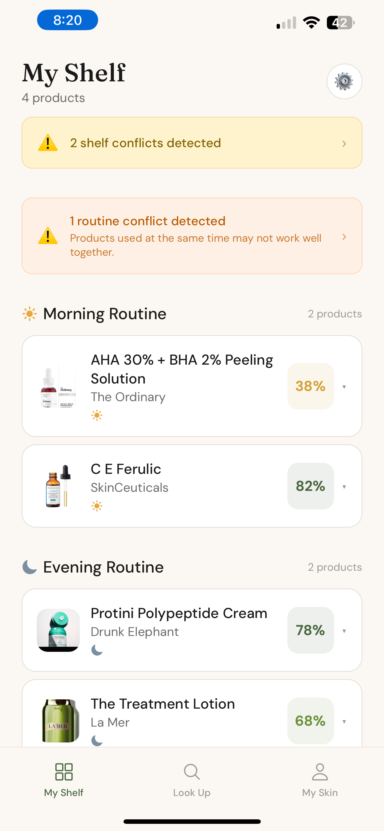 Skora My Shelf showing morning and evening routine groups with 2 shelf conflicts and 1 routine conflict detected.