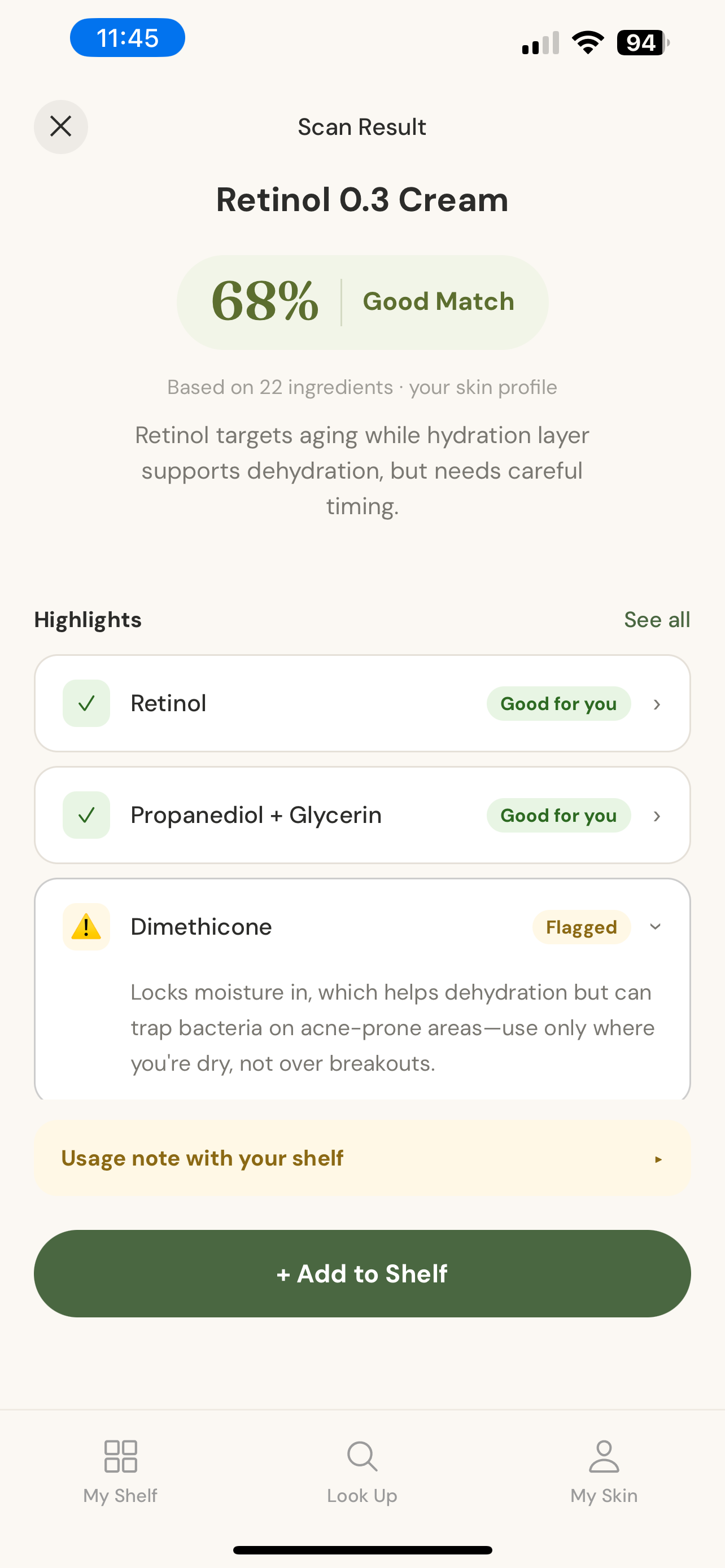 Skora scan result: Retinol 0.3 Cream scored 68% Good Match for the user's skin, with ingredient-by-ingredient verdicts.